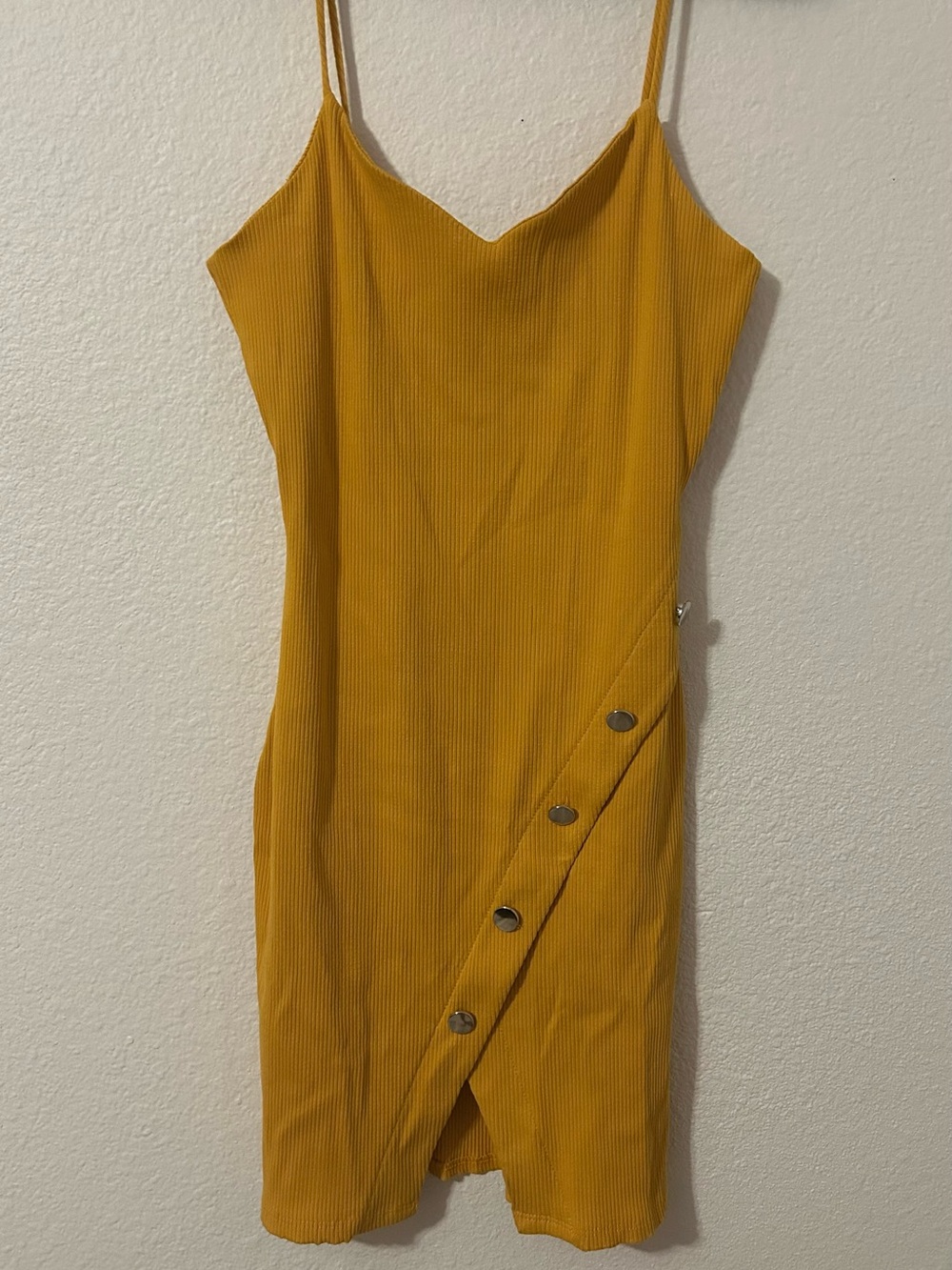 Spaghetti Strap Mustard Slip Dress with Diagonal Button Detail